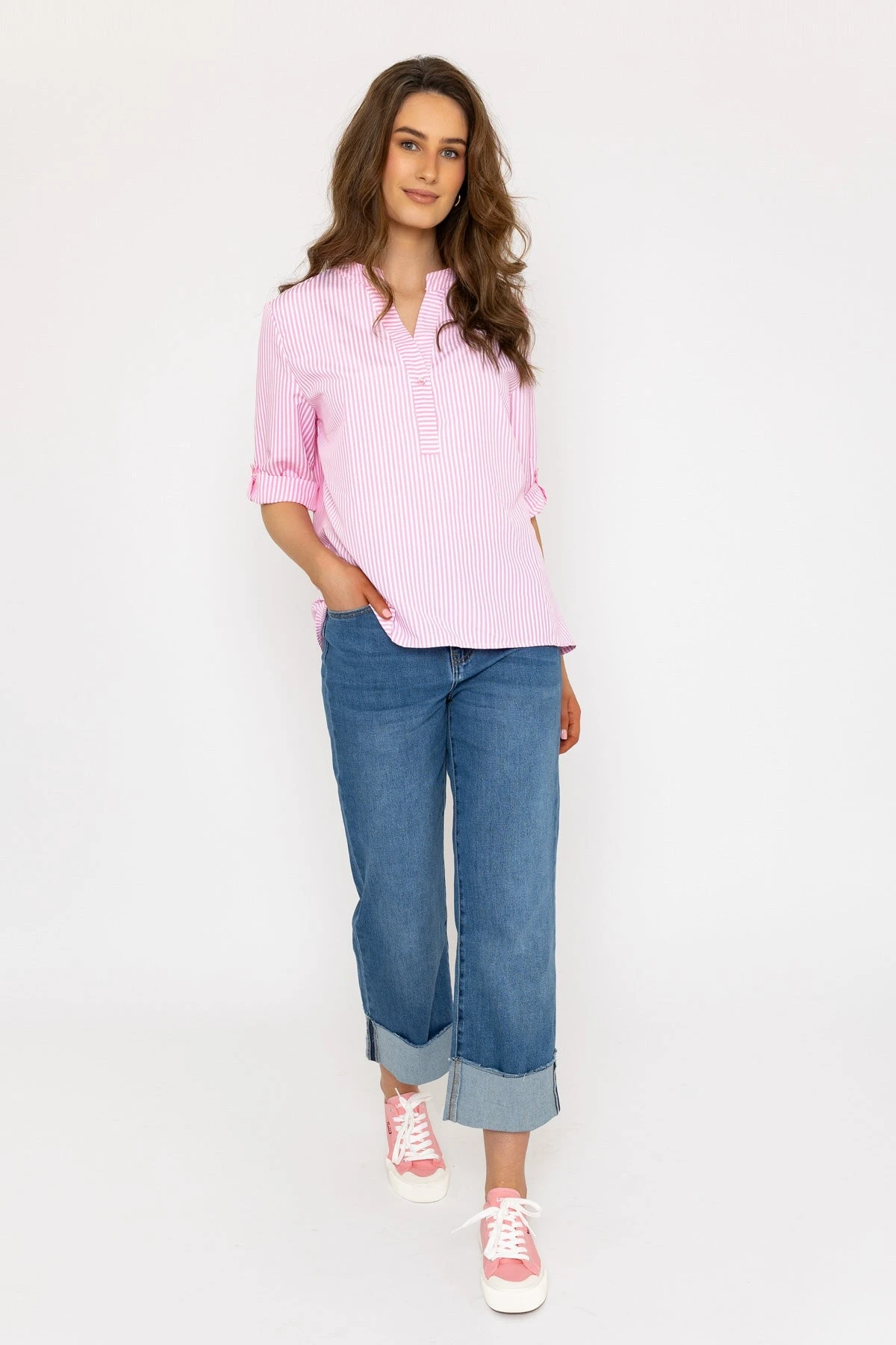 Pink Stripe Collarless Shirt 3 Pink Stripe Collarless Shirt