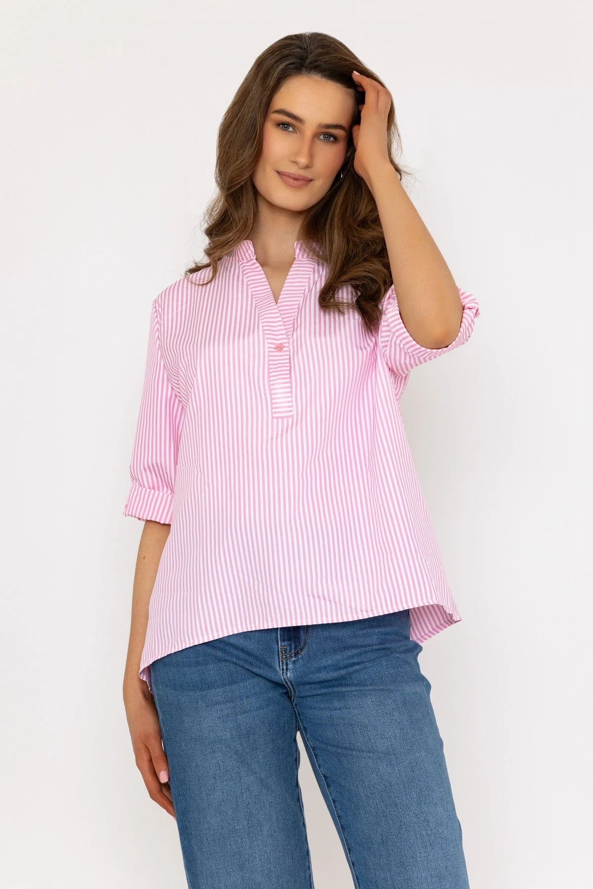 Pink Stripe Collarless Shirt 4 Pink Stripe Collarless Shirt - Image 2