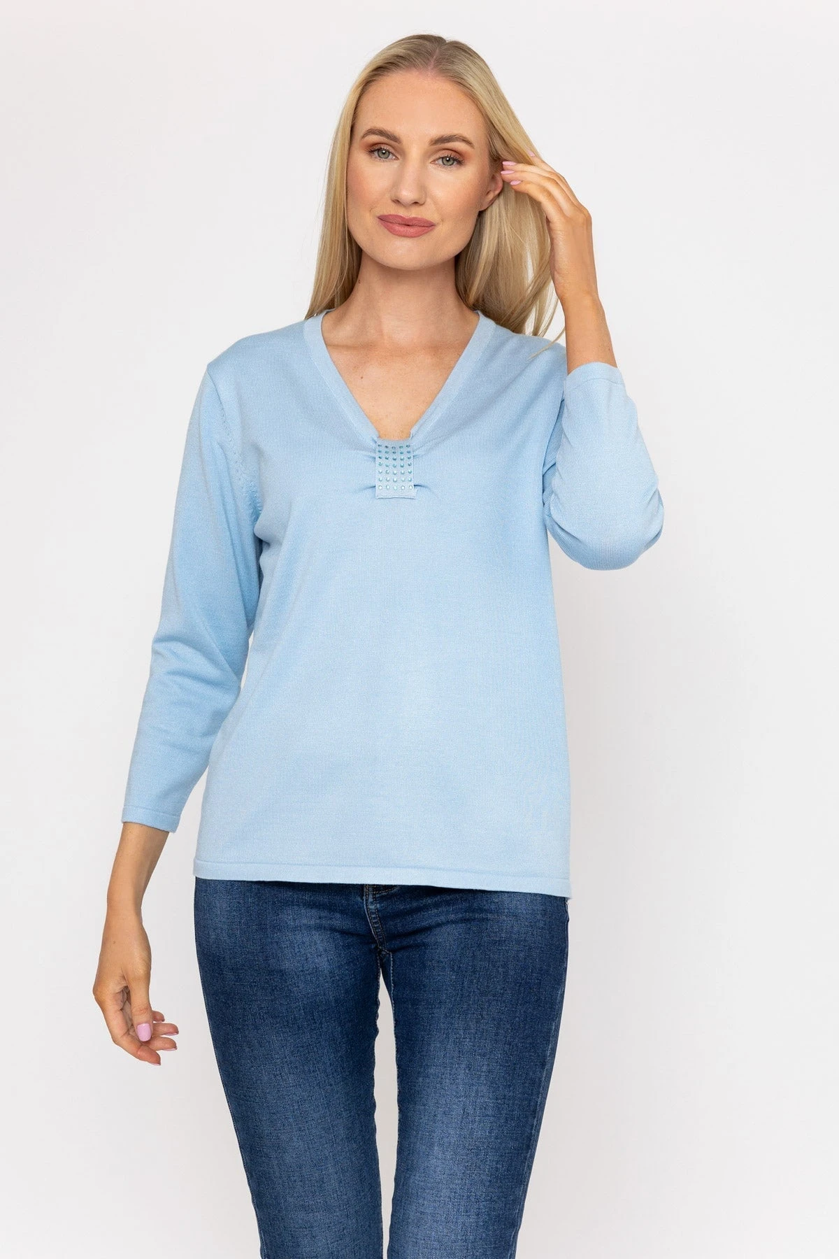 Plain Knit Sweater With Diamonte Detail In Blue 5 Plain Knit Sweater With Diamonte Detail In Blue - Image 3