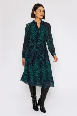 Pleated Midi Dress In Green Animal Print 16 Pleated Midi Dress In Green Animal Print -Fashion Clothing Accessories Store carraig donn pleated midi dress in green animal print 127939