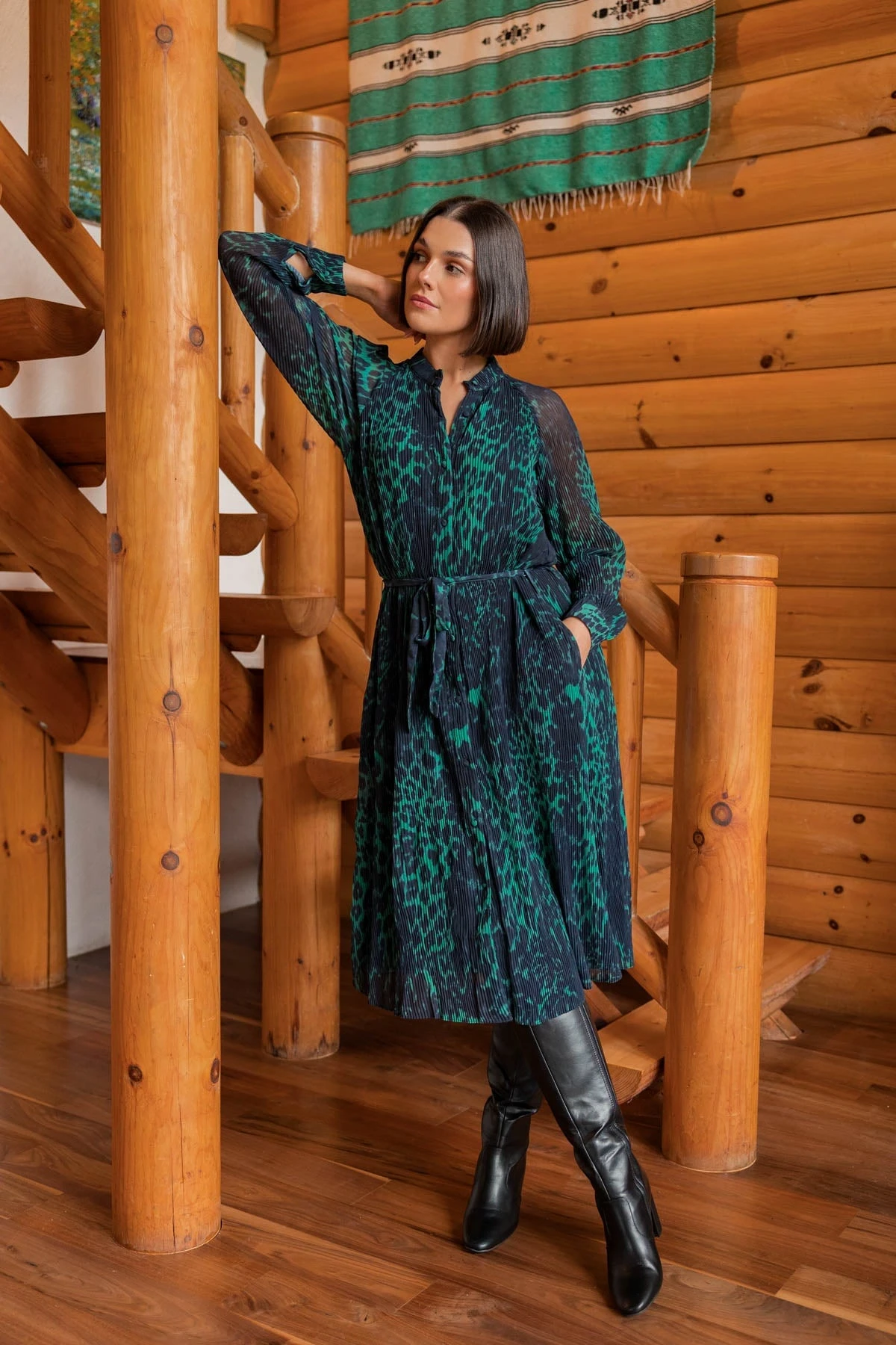 Pleated Midi Dress In Green Animal Print 4 Pleated Midi Dress In Green Animal Print - Image 2