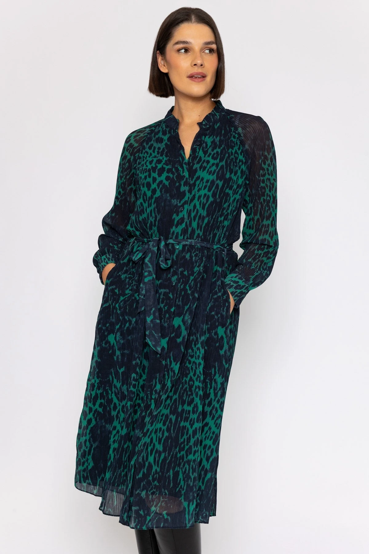 Pleated Midi Dress In Green Animal Print 7 Pleated Midi Dress In Green Animal Print - Image 5