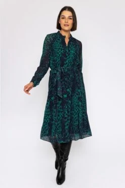 Pleated Midi Dress In Green Animal Print 13 Pleated Midi Dress In Green Animal Print -Fashion Clothing Accessories Store carraig donn pleated midi dress in green animal print 628623