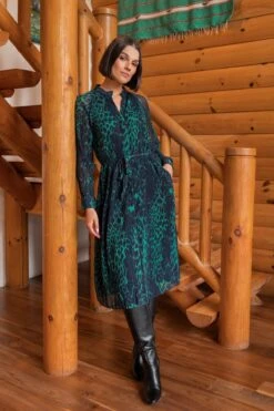 Pleated Midi Dress In Green Animal Print