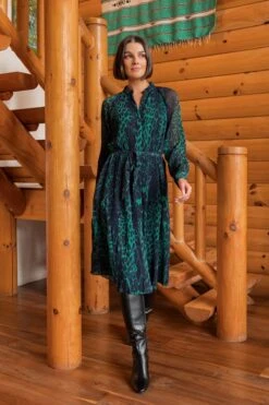 Pleated Midi Dress In Green Animal Print 12 Pleated Midi Dress In Green Animal Print -Fashion Clothing Accessories Store carraig donn pleated midi dress in green animal print 836588