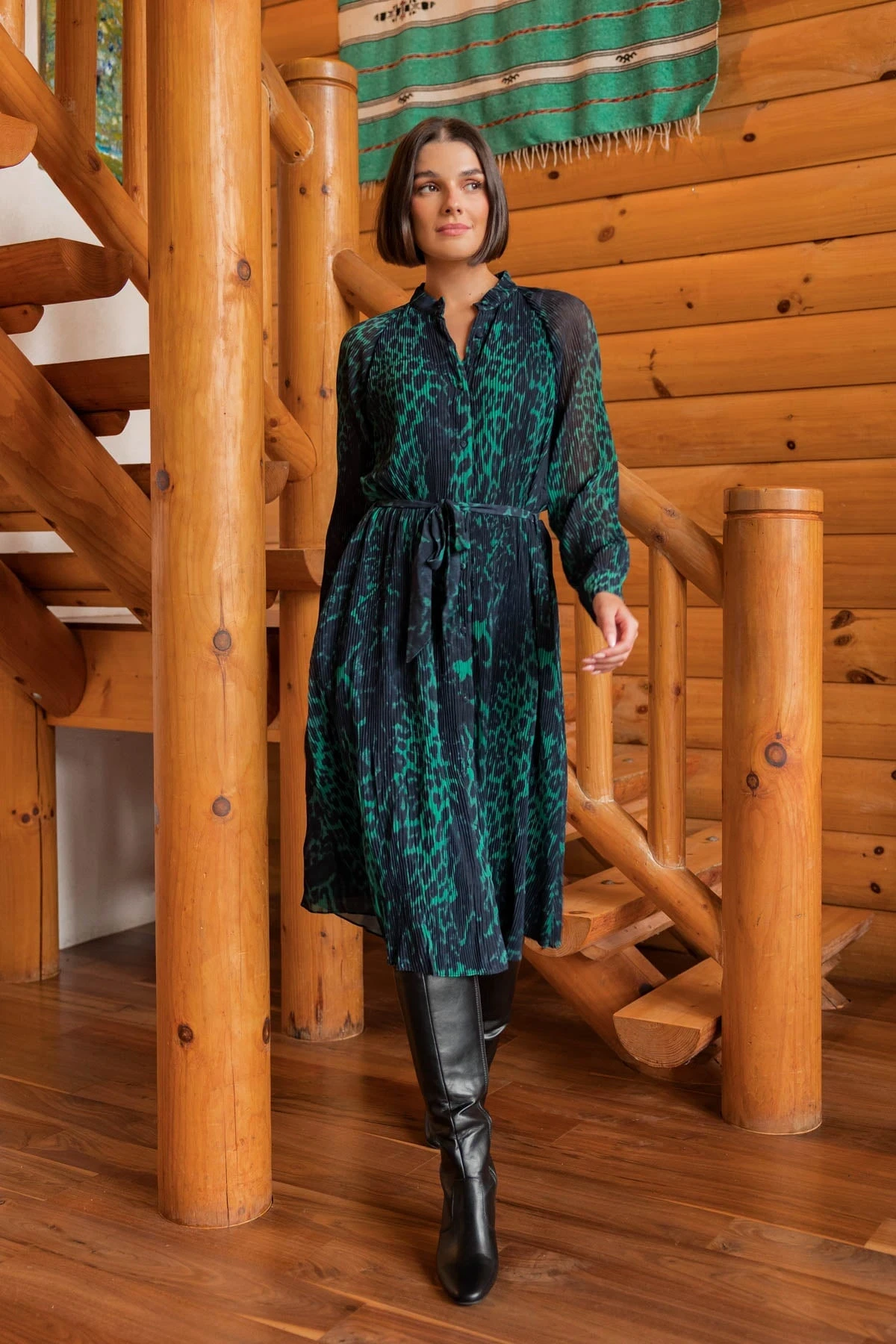 Pleated Midi Dress In Green Animal Print 5 Pleated Midi Dress In Green Animal Print - Image 3