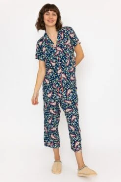 Pyjama Set With 3/4 Leg In Navy Print