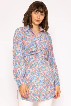 Ruched Longline Blouse In Blue Print