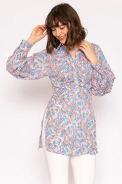 Ruched Longline Blouse In Blue Print -Fashion Clothing Accessories Store carraig donn ruched longline blouse in blue print 930255