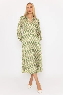 Sateen Cliodhna Midi Dress In Khaki -Fashion Clothing Accessories Store carraig donn sateen cliodhna midi dress in khaki 434449