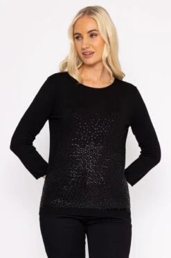 Sequin Crew Neck 3/4 Sleeve Knit In Black -Fashion Clothing Accessories Store carraig donn sequin crew neck 34 sleeve knit in black 691835
