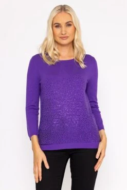 Sequin Crew Neck 3/4 Sleeve Knit In Purple