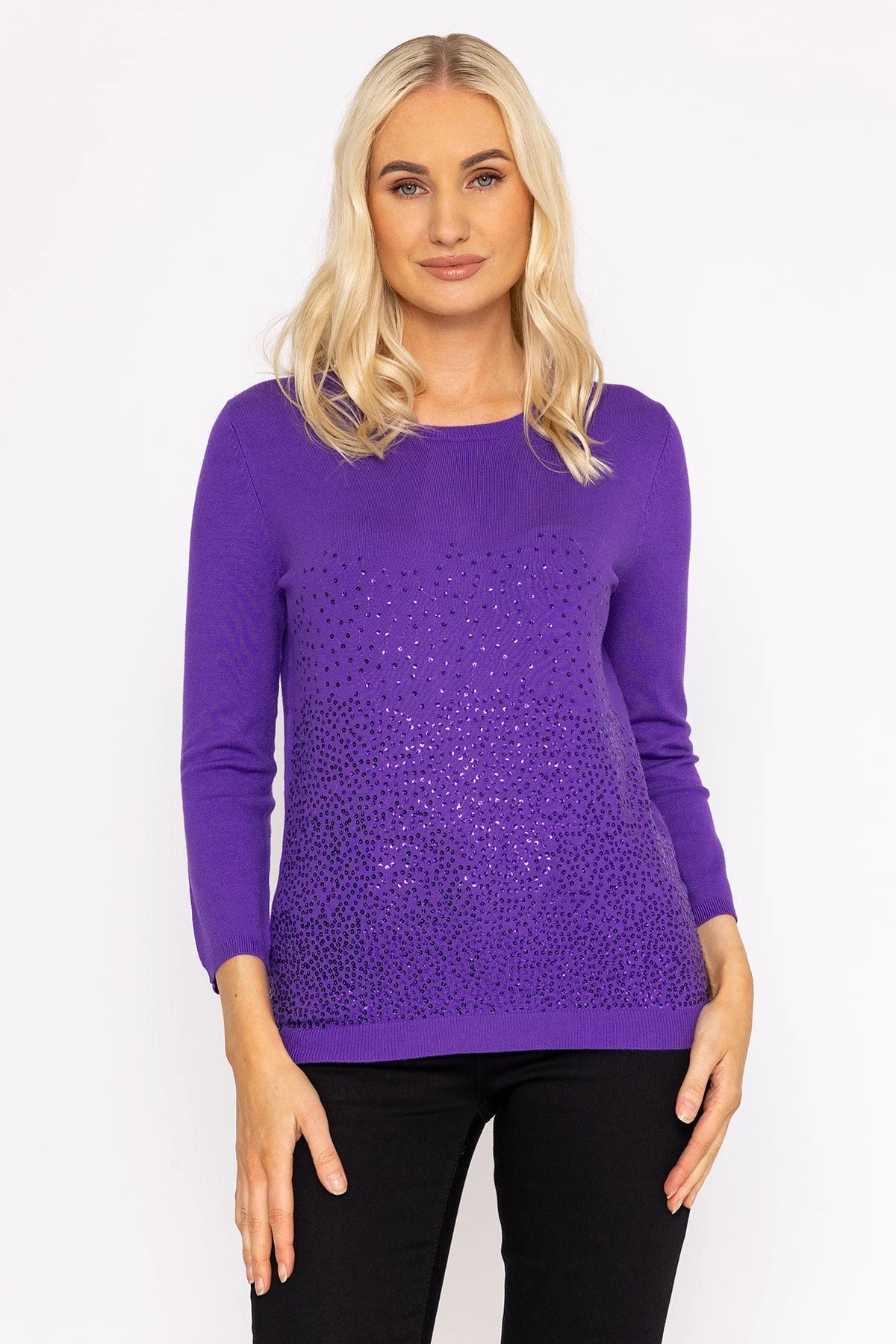 Sequin Crew Neck 3/4 Sleeve Knit In Purple 3 Sequin Crew Neck 3/4 Sleeve Knit In Purple