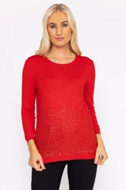 Sequin Crew Neck 3/4 Sleeve Knit In Red