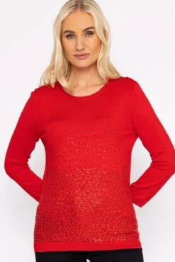 Sequin Crew Neck 3/4 Sleeve Knit In Red -Fashion Clothing Accessories Store carraig donn sequin crew neck 34 sleeve knit in red 234601