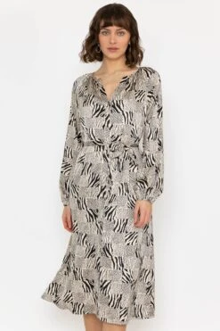 Silky V Neck Midi Dress In Mono Print