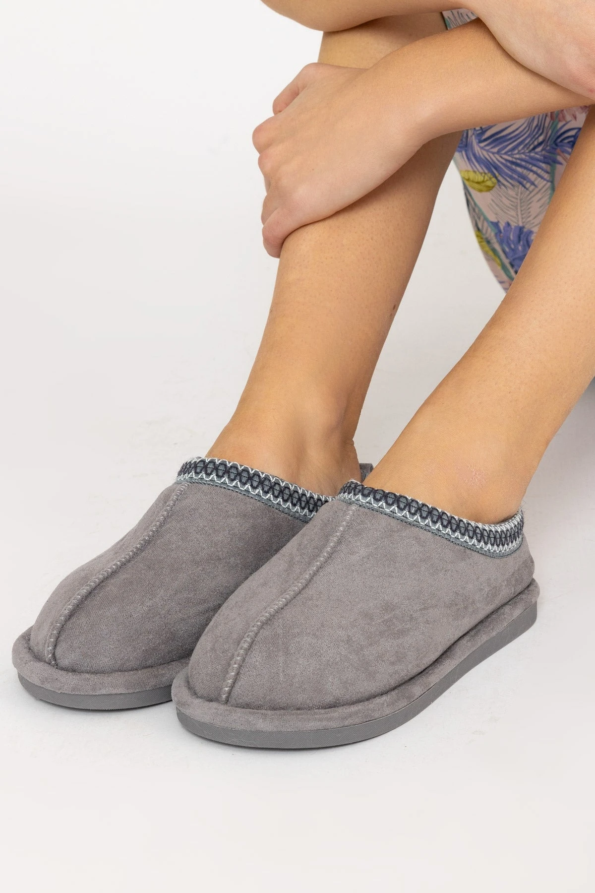 Suedette Mule Slippers In Grey 3 Suedette Mule Slippers In Grey