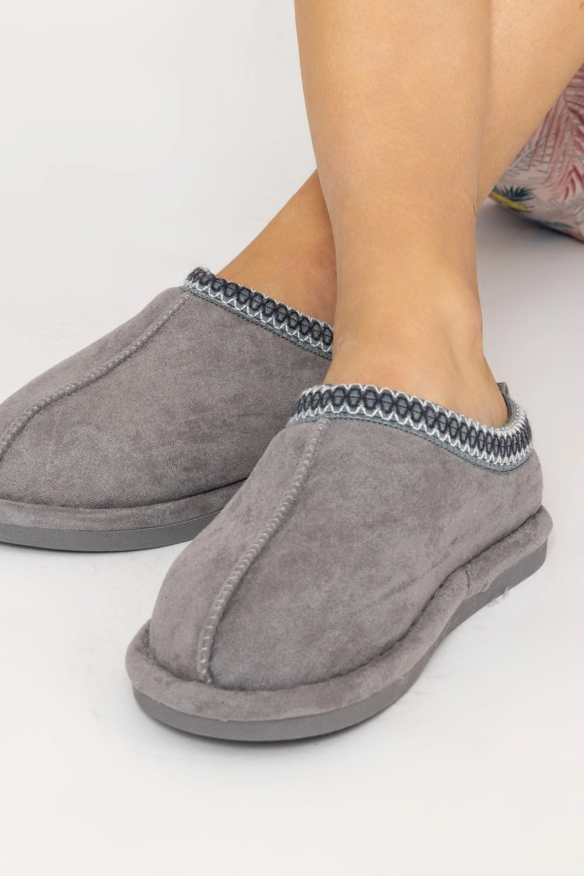 Suedette Mule Slippers In Grey 4 Suedette Mule Slippers In Grey - Image 2