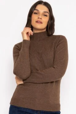 Textured High Neck Knit In Brown