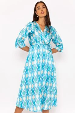 V Neck Belted Midi Dress In Aqua 16 V Neck Belted Midi Dress In Aqua -Fashion Clothing Accessories Store carraig donn v neck belted midi dress in aqua 180180