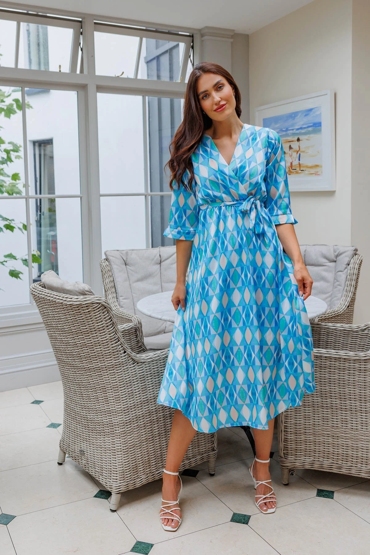 V Neck Belted Midi Dress In Aqua 3 V Neck Belted Midi Dress In Aqua