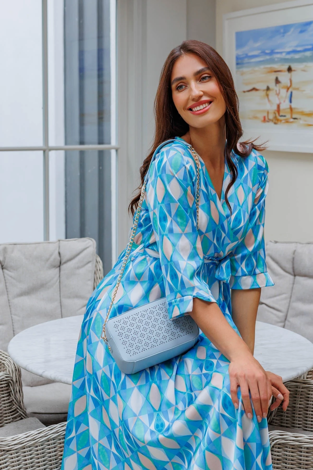 V Neck Belted Midi Dress In Aqua 4 V Neck Belted Midi Dress In Aqua - Image 2