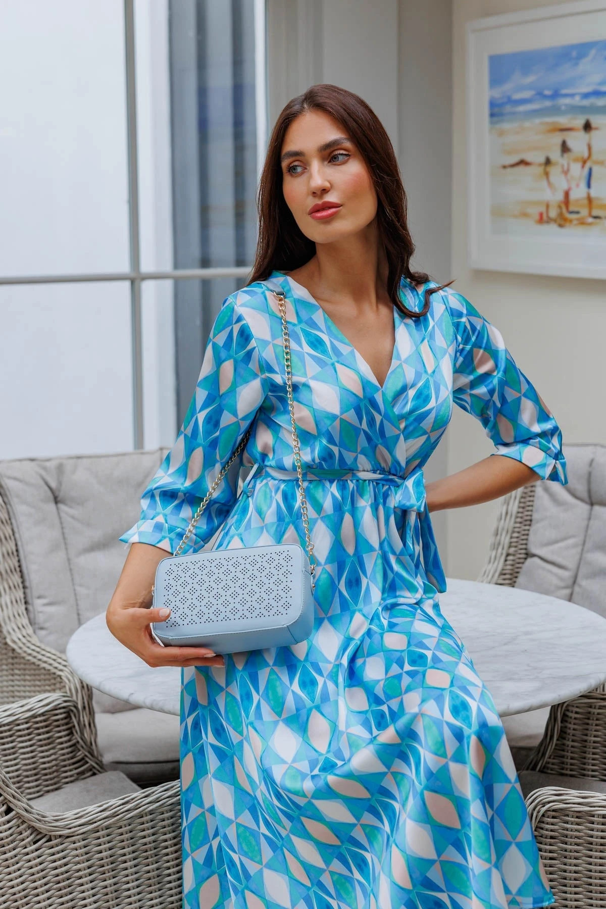 V Neck Belted Midi Dress In Aqua 6 V Neck Belted Midi Dress In Aqua - Image 4