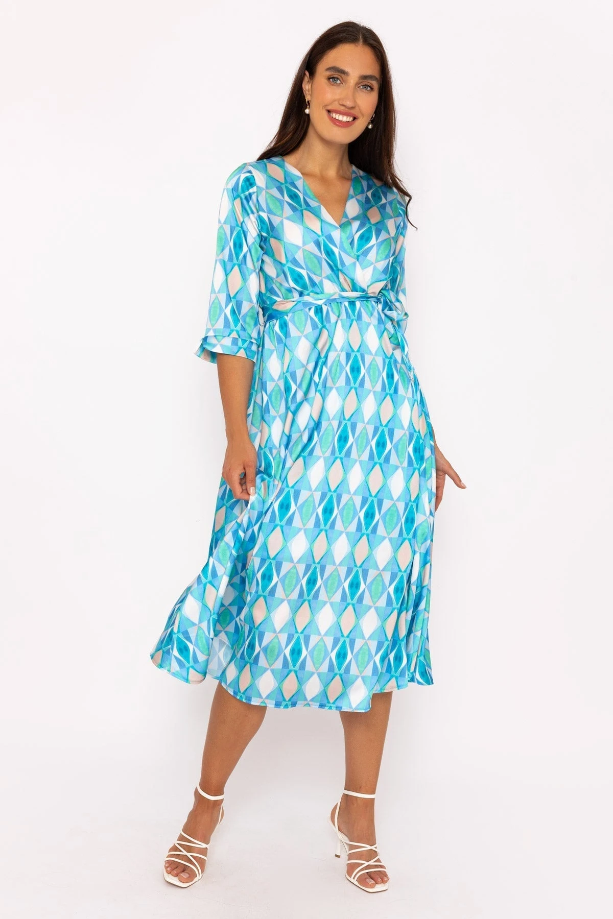 V Neck Belted Midi Dress In Aqua 7 V Neck Belted Midi Dress In Aqua - Image 5