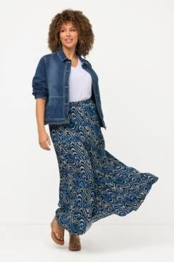 Ulla Popken Wave Print Long Skirt In Navy -Fashion Clothing Accessories Store carraig donn wave print long skirt in navy 192448