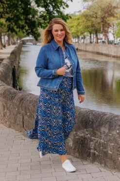 Ulla Popken Wave Print Long Skirt In Navy -Fashion Clothing Accessories Store carraig donn wave print long skirt in navy 260134