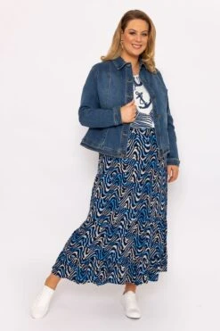 Ulla Popken Wave Print Long Skirt In Navy -Fashion Clothing Accessories Store carraig donn wave print long skirt in navy 417566
